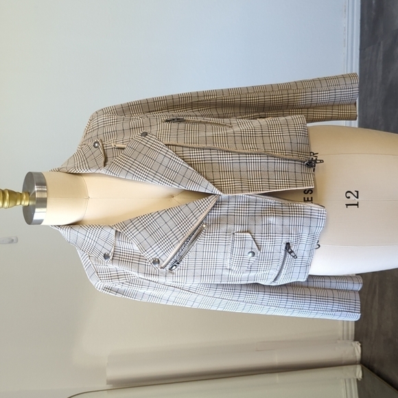 Blank NYC Plaid Double Breasted Moto Jacket Cream Gray M fall streetwear casual - Picture 1 of 12